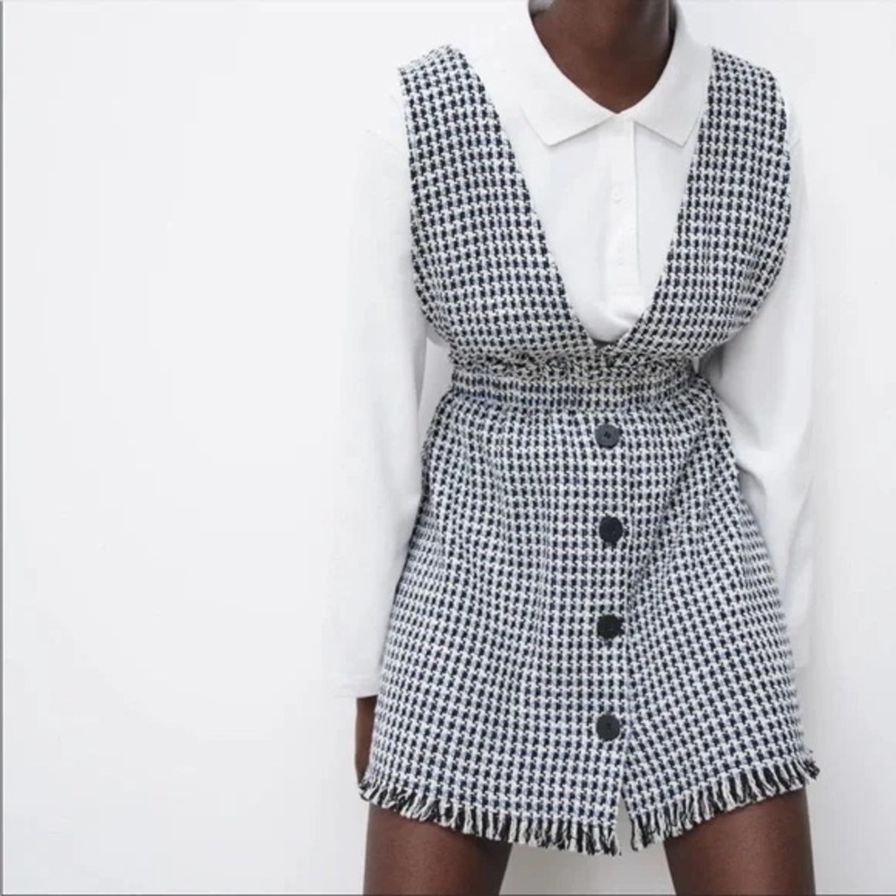 Zara Black and White Houndstooth Button-Front Dress